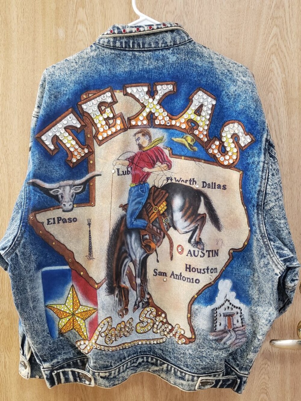 Vintage Tony Alamo 1980 TEXAS Hand Painted Bedazzled Denim Jacket Size Large